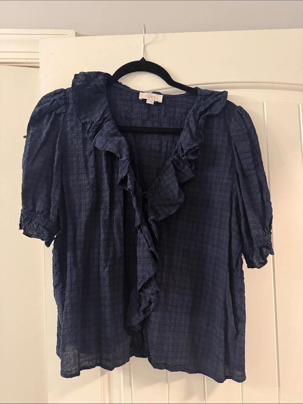 LOFT Navy Ruffle V-Neck Short Sleeve Blouse